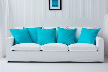 Teal Sofa and Three Frames on White Wall - Scandinavian Home Interior Design for Modern Living Room