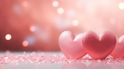 Pink Heart shapes on abstract light glitter background in love concept for valentine's day