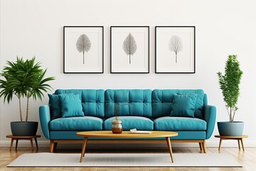 Scandinavian Home Interior. Teal Sofa and Three Frames on White Wall in Modern Living Room Design