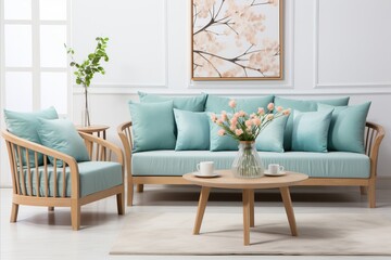 Obraz premium Modern Scandinavian Living Room Interior with Teal Sofa and Three Frames on White Wall