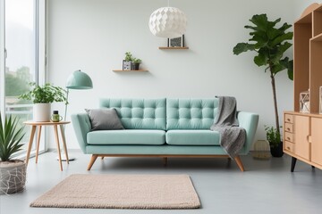 Contemporary Scandinavian Living Room Interior with Teal Sofa and Three Frames on White Wall