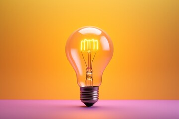 Incandescent bulb glowing against a two-tone  yellow and purple background, symbolize bright idea