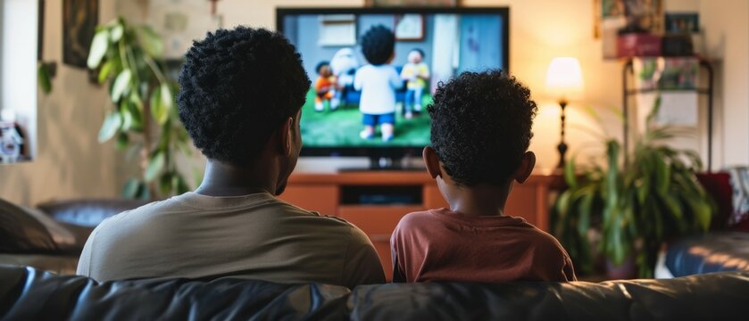 Back View Of Father And Son Watching Cartoon Videos In Front TV. Rear View Angle Of A Family Watching Television In Living Room. Generative Ai