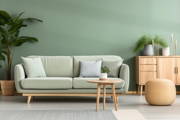 Scandinavian Style Dining Room with Sofa, Chairs, Wooden Table, and Pastel Green Wall