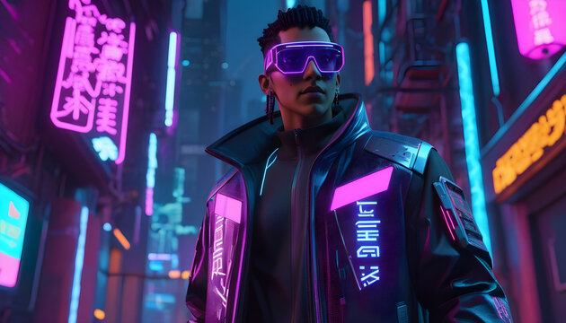 Futuristic cyberpunk figure in neon-lit alley, high-tech clothes, augmented reality ai generated