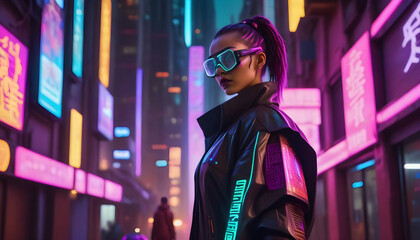 Futuristic cyberpunk figure in neon-lit alley, high-tech clothes, augmented reality ai generated