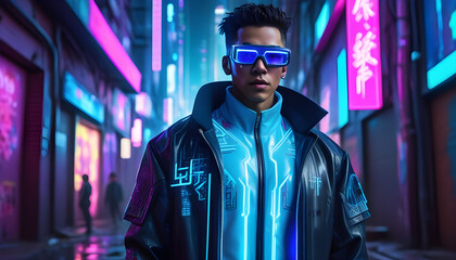 Obraz premium Futuristic cyberpunk figure in neon-lit alley, high-tech clothes, augmented reality ai generated