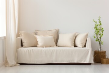 Fototapeta na wymiar Scandinavian Living Room. White Sofa, Cushions, and Cream Blanket in Modern Interior