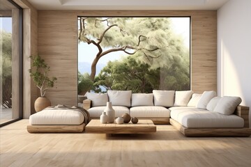 Modern Minimalist Living Room with White Corner Sofa and Rustic Wooden Coffee Table