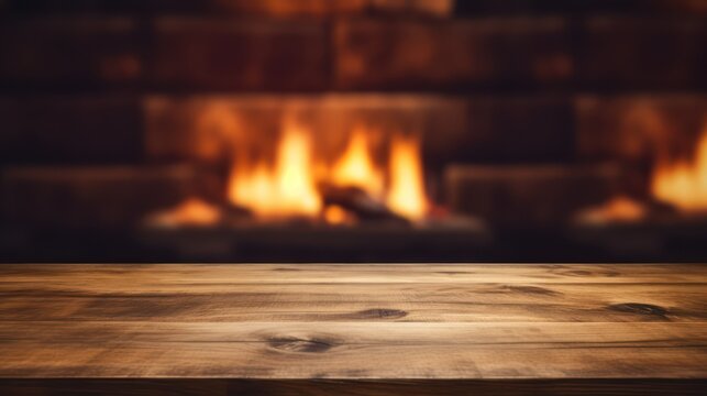 Empty wooden table with bokeh fireplace background. 