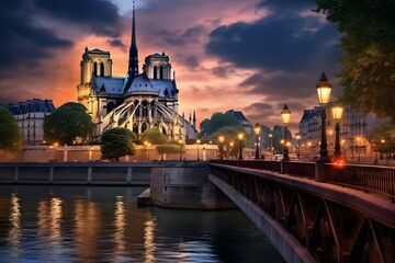 Paris, France. Panoramic view of Seine river and Notre Dame de Paris at sunset.