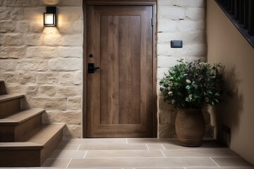 Fototapeta na wymiar Rustic Entrance Hall with Minimalist Wooden Staircase and Paneling Wall. Farmhouse Interior Design
