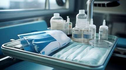 A close up of a tray of personal care items and medical stuff 