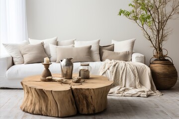 Fototapeta na wymiar Modern Minimalist Forest Home Interior. Beige Corner Sofa with Round Tree Stump Coffee Table