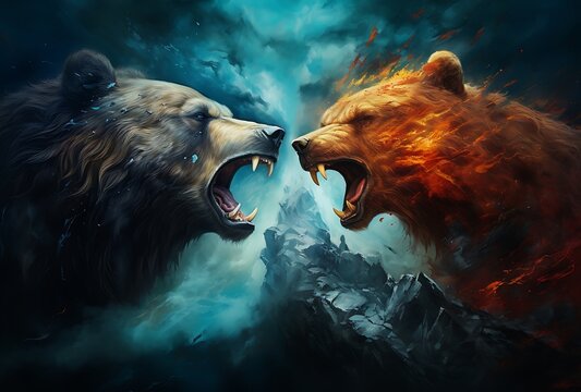 Two bears fighting in the dark. Fire and smoke. 3D rendering