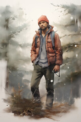Male tourist traveler in vintage hipster style clothes in forest and mountains