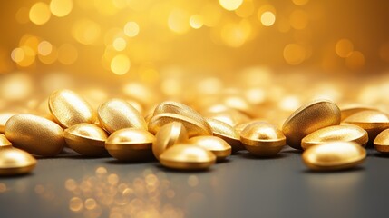 Close-up of golden pills and capsules on black background. Food dietary supplement. Side view. Generative AI