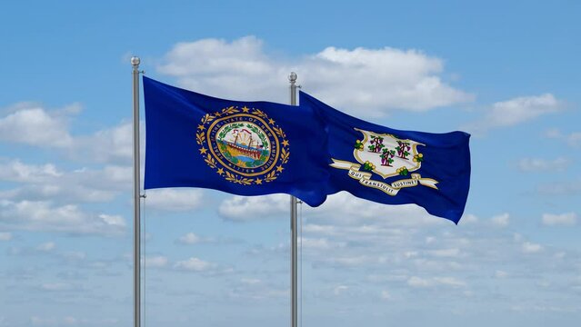 Connecticut and New Hampshire US state flags waving together on cloudy sky, endless seamless loop