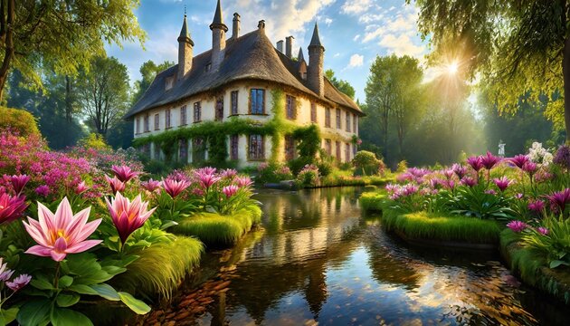 House Isolated On Flower Garden With Small River Around