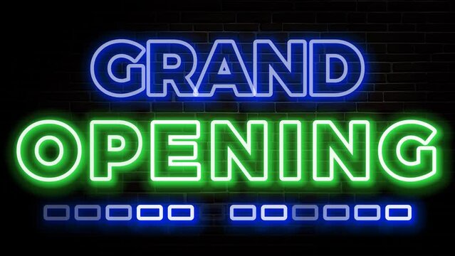 GRAND OPENING - BANNER INVITATION TEXT ANIMATION WITH GLOWING NEON LIGHT EFFECT ON BRICK WALL.