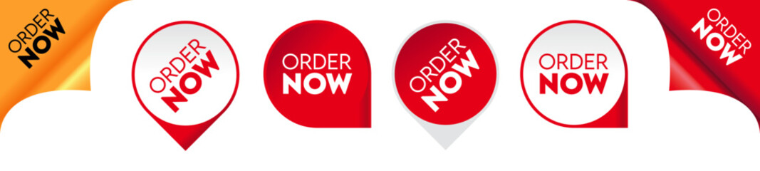 Order now red ribbons, online shopping web banners. Order now icons of corner bookmarks, flags, tags and curved ribbons isolated on transpare background.