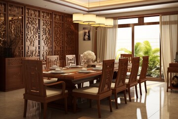 Fototapeta premium Contemporary Interior Design of Modern Dining Room with Stylish Table and Elegant Wooden Chairs