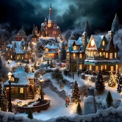 Christmas and New Year holidays background with a miniature village in the snow
