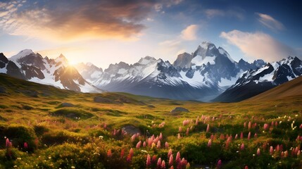 Panoramic view of the alpine meadow with blooming rhododendron flowers at sunset