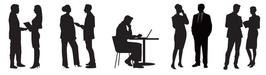 Business people silhouette. Silhouette of businessman and businesswomen. Businessman sitting on chair and working on his laptop with the group of Business people standing around.  