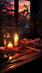 Fototapeta na wymiar Romantic dinner in the window at sunset. Romantic evening in the village.