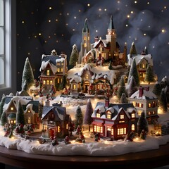 Fototapeta na wymiar Christmas and New Year miniature town with snow, houses, trees and lights