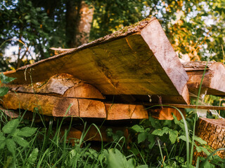 Stack of fire wood ready for cutting in a forest or small farm. Rough wood material in outdoor storage.