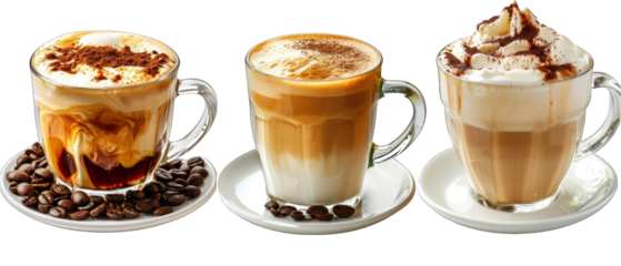 Set of 3 Different Lattes Isolated on Transparent or White Background, PNG