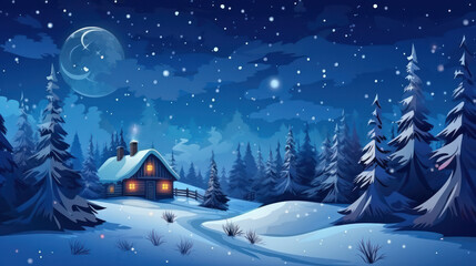 Fototapeta na wymiar Stars above Winter landscape and small house. Mystical night. Forests