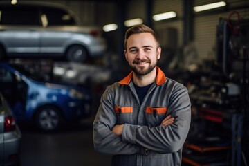 Portrait of a smiling mechanic in a car repair shop. Ai generative