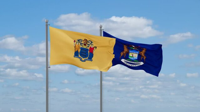 Michigan and New Jersey US state flags waving together on cloudy sky, endless seamless loop