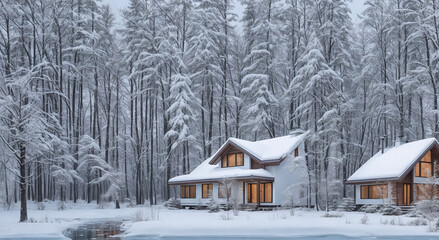 Cozy Winter Homes in Snowy Forest Generative AI