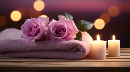Fototapeta na wymiar Spa with roses, candle and spa towels. Ai generative