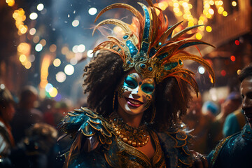 Carnival - Venetian Mask Party - Masquerade Disguise With Shiny Streamers On Abstract Defocused Bokeh Lights - obrazy, fototapety, plakaty