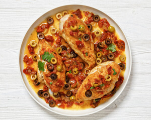 chicken breasts with vegetables, olives, top view