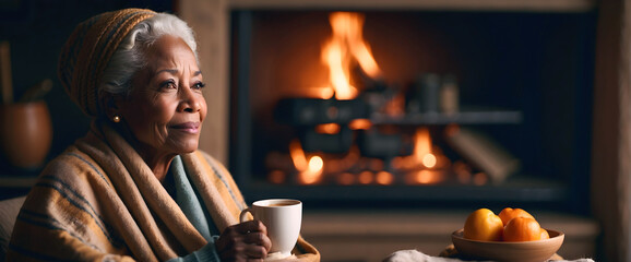 Elderly elegant  African American woman drinking tea wrapped in cosy blanket by the fireplace, people background, template - obrazy, fototapety, plakaty