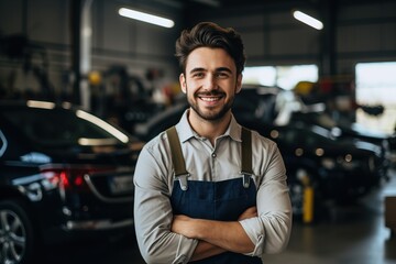 Portrait of a smiling mechanic in a car repair shop. Ai generative - obrazy, fototapety, plakaty