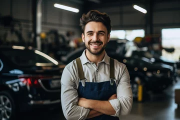 Fotobehang Portrait of a smiling mechanic in a car repair shop. Ai generative © dreamer82
