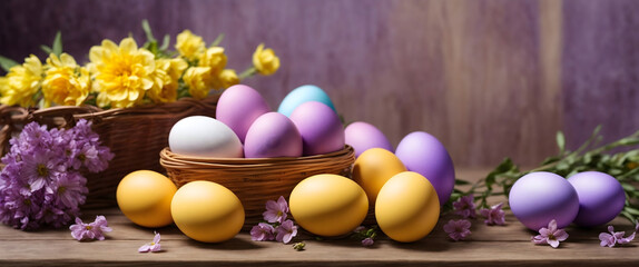 Obraz premium Decorated Easter eggs in wooden basket with flowers, Easter background, banner, template, copy space text