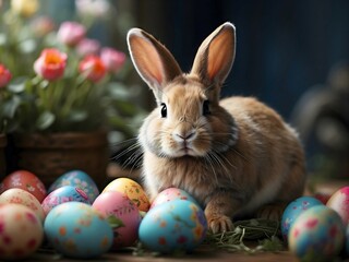 Happy Easter background with easter eggs and  cute bunny, festive seasonal template, banner, copy space text