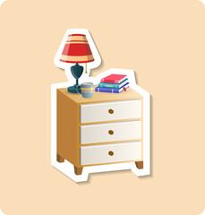 Pedestal sticker illustration. Lamp, books, nightstand, cup. Editable vector graphic design.