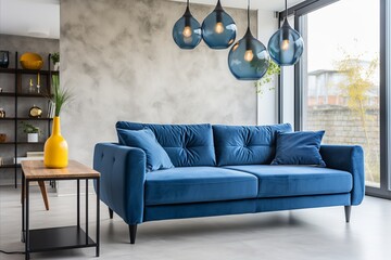 Navy Blue Sofa in Studio Apartment. Scandinavian Modern Living Room and Kitchen Design