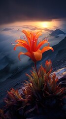 Mystical wonderful flower on the top of the mountain during sunset. Ai generative - obrazy, fototapety, plakaty
