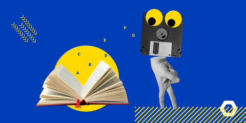 Learning the concept. Hand with  floppy disk, symbolizing person with  small brain volume or with...