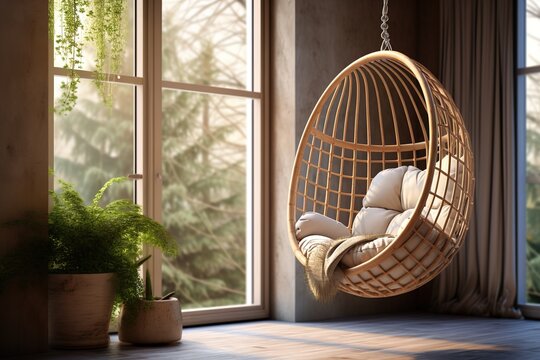 Room interior with comfortable cocoon armchair. Ai generative.